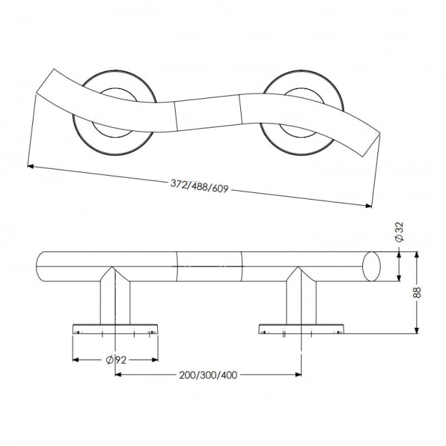 AKW 1200 Series Curved Grab Rail 400mm Length - Brushed Stainless Steel