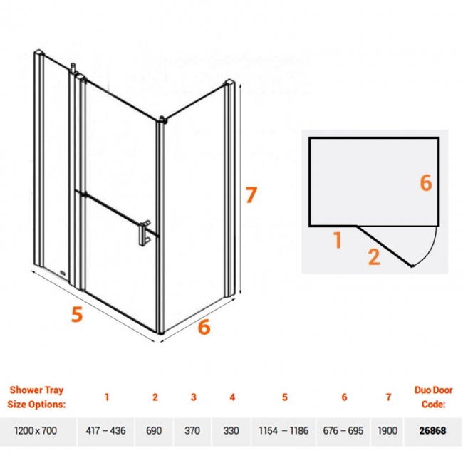 AKW Larenco Duo Inline Hinged Door Shower Enclosure 1200mm x 700mm - 6mm Glass