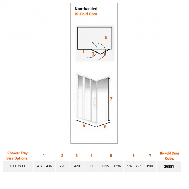 AKW Larenco Inline Hinged Bi-Fold Door Shower Enclosure 1300mm x 800mm - 6mm Glass