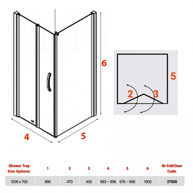 AKW Larenco Hinged Bi-Fold Door Shower Enclosure 1000mm x 700mm - 6mm Glass