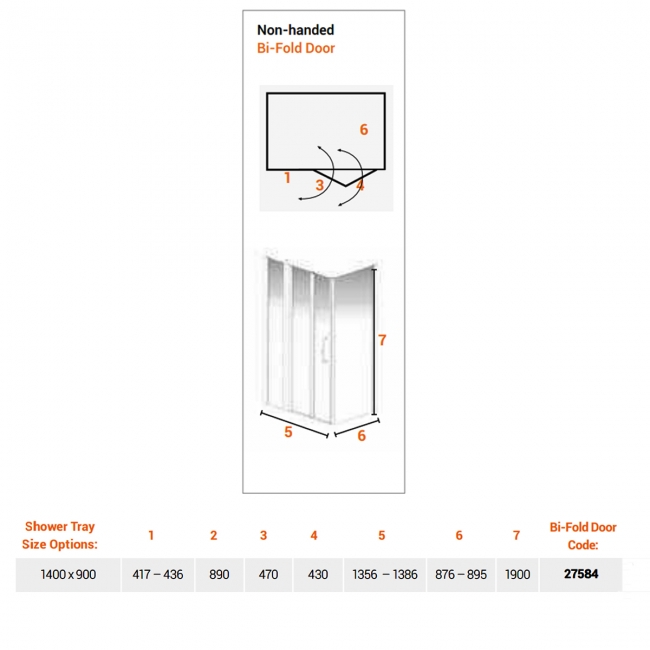 AKW Larenco Inline Hinged Bi-Fold Door Shower Enclosure 1400mm x 900mm - 6mm Glass