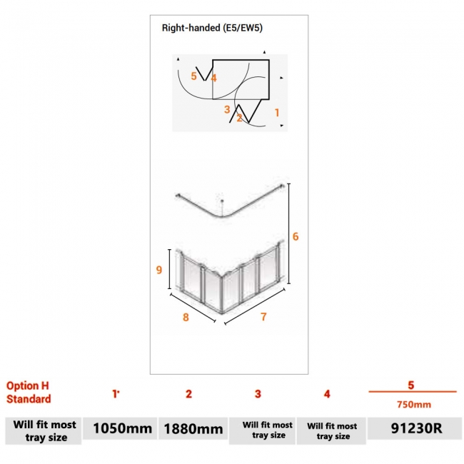 AKW Option H 750 Shower Screen 1050mm Wide - Right Handed
