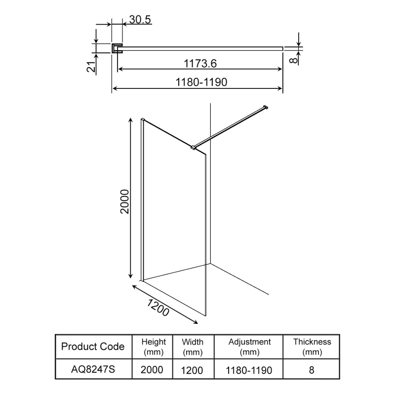 Aquadart Modern Wet Room Panel Aq8247s 1200mm 8mm Clear