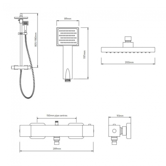 Aqualisa AQ Thermostatic Square Bar Mixer Shower with Fixed Head and Shower Kit - Chrome