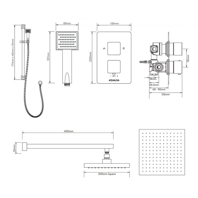 Aqualisa AQ Thermostatic Concealed Square Mixer Shower with Fixed Head and Shower Kit - Chrome