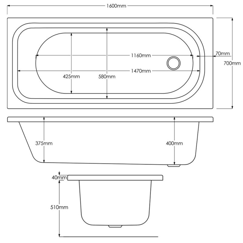 Arley Modern Rectangular Single Ended Bath 1600mm x 700mm - 0 Tap Hole