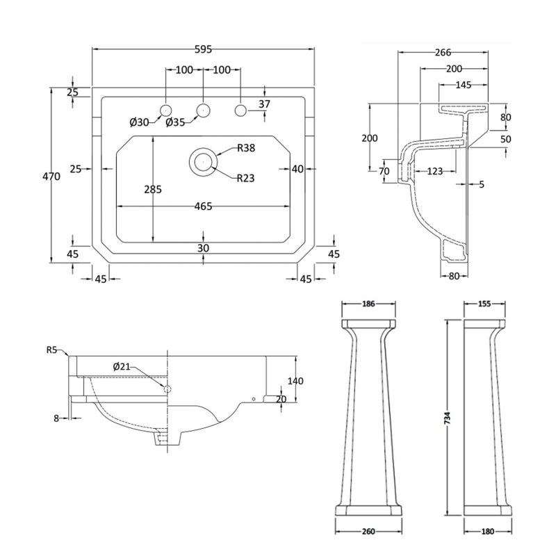 Bayswater Fitzroy Basin with Large Full Pedestal 595mm Wide 3 Tap Hole