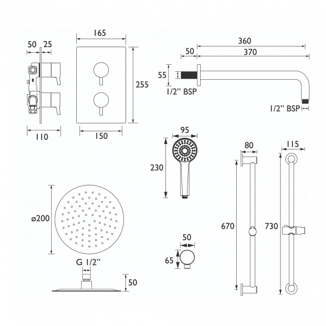 Bristan Prism Recessed Dual Concealed Mixer Shower with Shower Kit and Fixed Head - Black