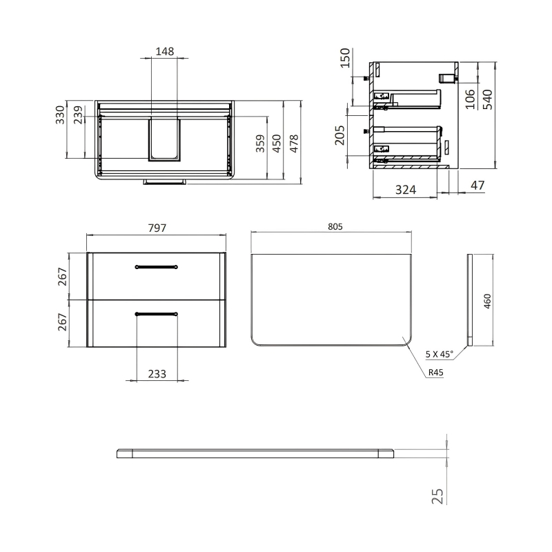 Britton Camberwell Wall Hung 2-Drawer Vanity Unit with Carrara Marble Worktop 800mm Wide - Dusty Blue