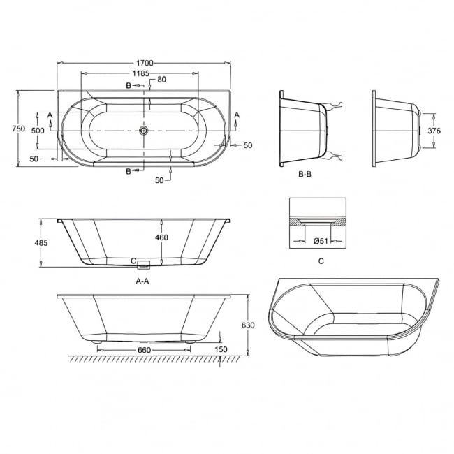 Burlington Avantgarde Back to Wall Bath 1700mm x 750mm - Excluding Feet