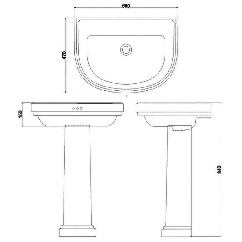 Burlington Riviera Curved Basin with Full Pedestal 650mm Wide - 0 Tap Hole