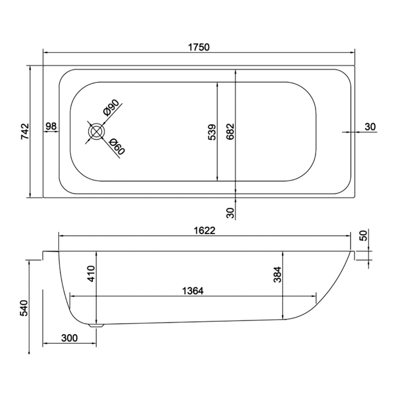 Carron Profile Single Ended Rectangular Bath 1750mm x 750mm - 5mm Acrylic