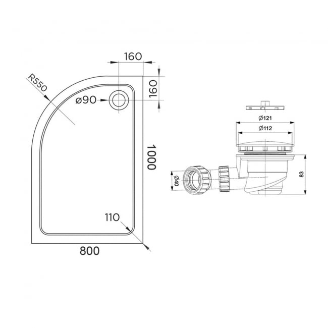 Delphi AquaStone Offset Quadrant Shower Tray 1000mm x 800mm - Left Handed