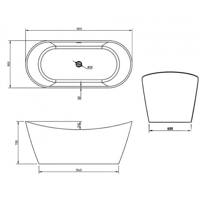 Delphi Bolsena Double Ended Freestanding Bath 1800mm x 800mm - 0 Tap Hole (inc Leg Set)