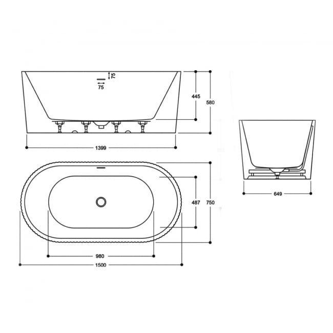 Delphi Estriado Fluted Double Ended Freestanding Bath 1500mm x 750mm - 0 Tap Hole