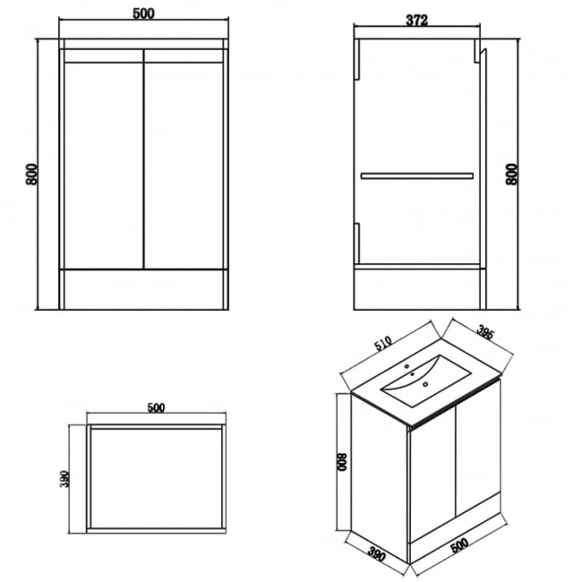 Delphi Halite Floor Standing 2-Door Vanity Unit with Basin 500mm Wide - White