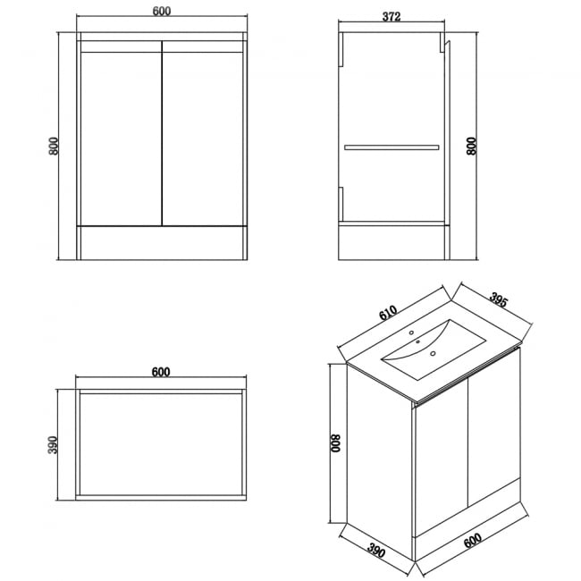 Delphi Halite Floor Standing 2-Door Vanity Unit with Basin 600mm Wide - Matt Grey