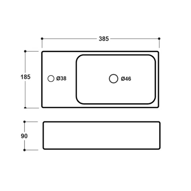 Delphi Insu Wall Hung Right Handed Basin 365mm Wide - 1 Tap Hole