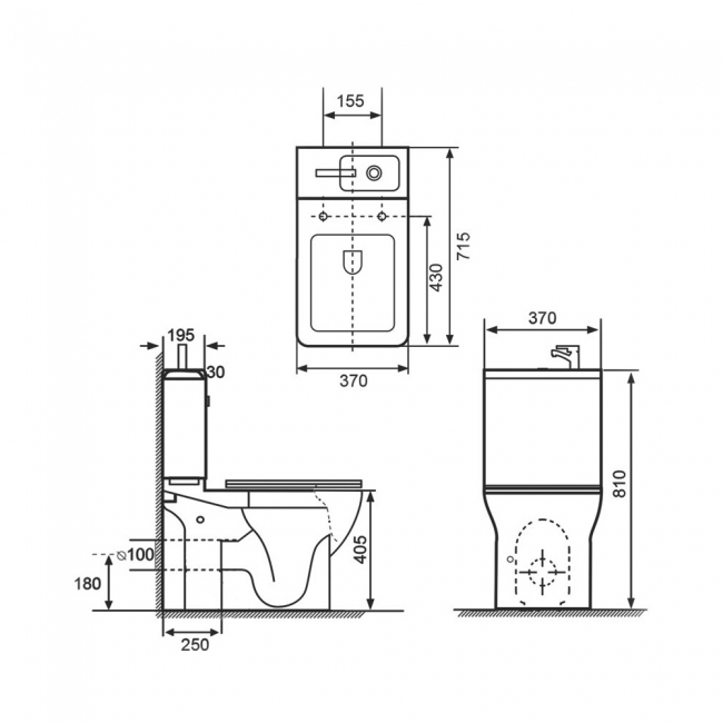 Delphi P2 Square Close Coupled Toilet with Integrated Basin and Tap (Black Accent)