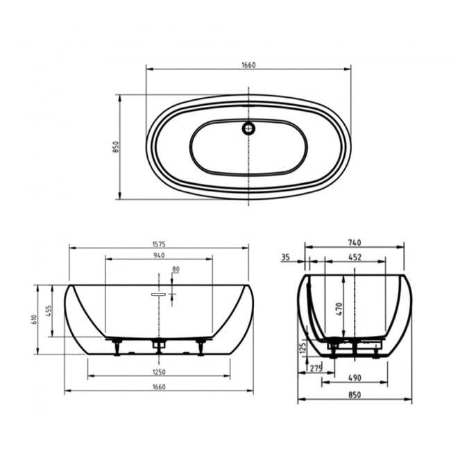 Delphi Pebble Double Ended Freestanding Bath 1660mm x 740mm - 0 Tap Hole