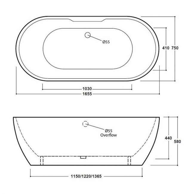 Delphi San Marlo Double Ended Freestanding Bath 1655mm x 750mm Matt White - 0 Tap Hole