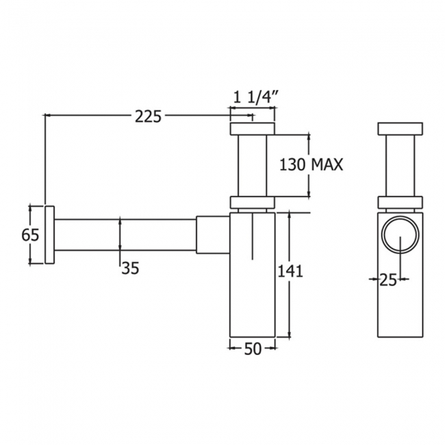 Deva 1 1/4 Inch Bottle Trap with Wall Extension - Chrome