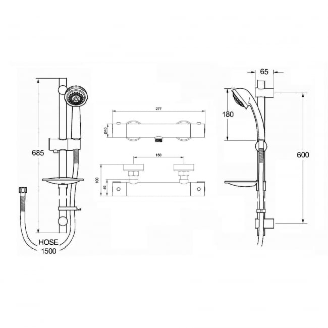 Deva Combi Bar Mixer Shower with Multi Mode Shower Kit