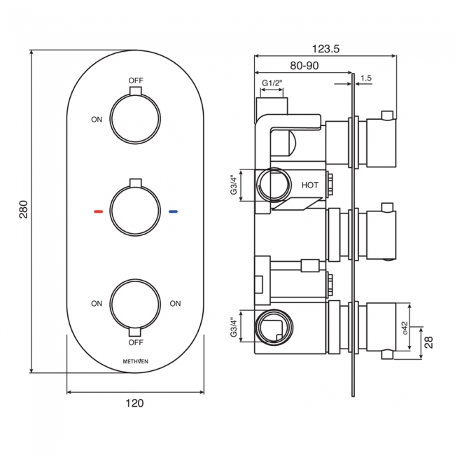 Deva Como Thermostatic Concealed Shower Valve Triple Handle - Chrome