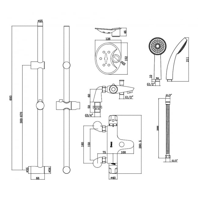 Deva Dynamic Thermostatic Bath Shower Mixer with Slider Rail Kit - Chrome