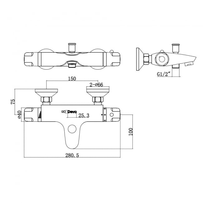 Deva Dynamic Thermostatic Bath Shower Mixer Tap Wall Mounted - Chrome