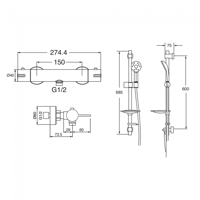 Deva Satinjet Avoca Low Flow Bar Shower Valve with Easy Fit Shower Kit - Chrome