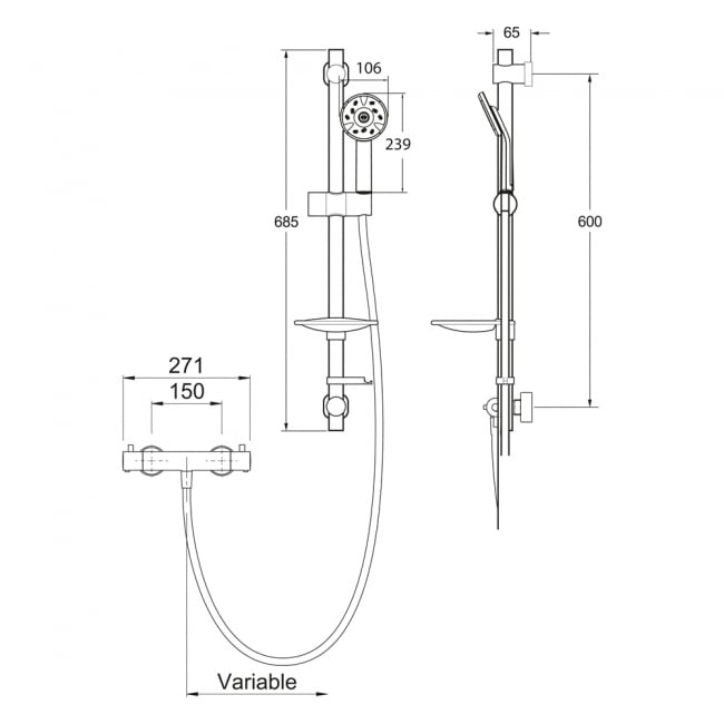 Deva Kiri Satinjet Low Flow Cool Touch Bar Shower Valve With Easy Fit Shower Kit - Chrome & Graphite