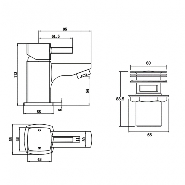 Deva Wexford Mini Basin Mixer Tap with Press Top Waste - Chrome