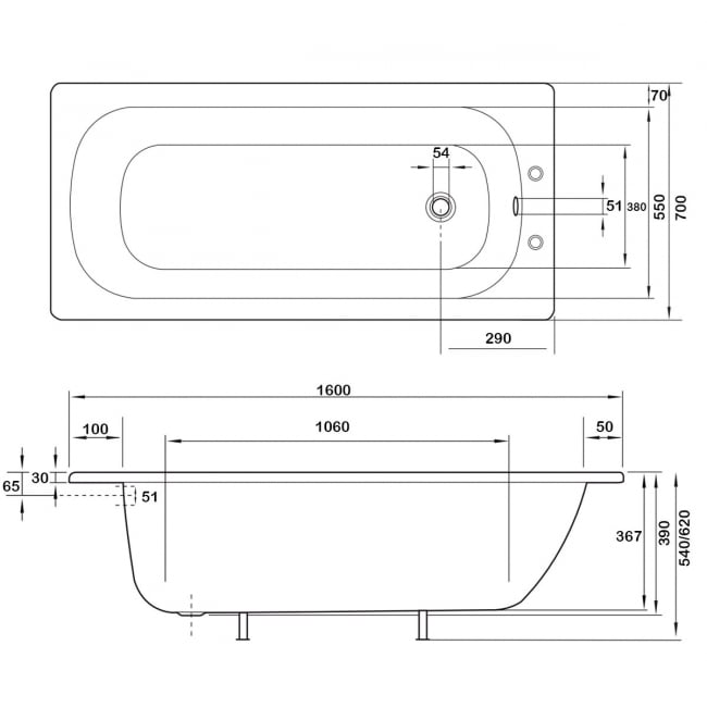 Duchy Vantage Single Ended Steel Bath 1600mm x 700mm (inc Leg Set)