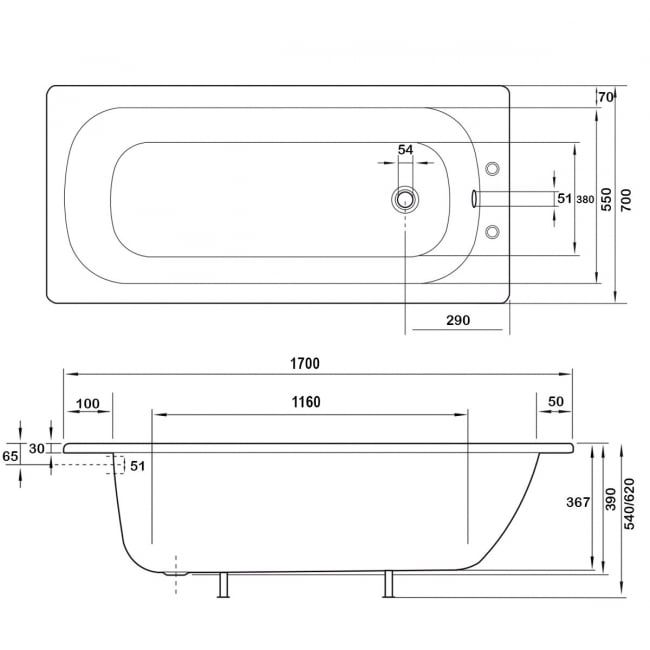 Duchy Vantage Single Ended Steel Bath 1700mm x 700mm (inc Leg Set)