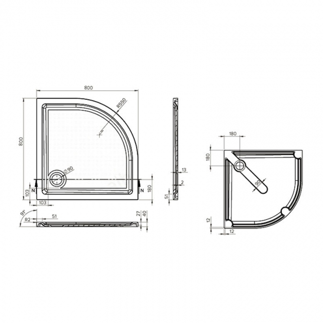 Duchy Spring Quadrant Anti-Slip Shower Tray 800mm x 800mm - White
