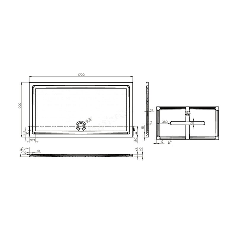 Duchy Spring Rectangular Anti-Slip Shower Tray 1700mm x 900mm - White