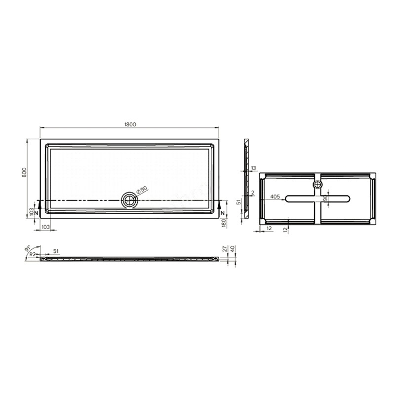 Duchy Spring Rectangular Anti-Slip Shower Tray 1800mm x 800mm - White
