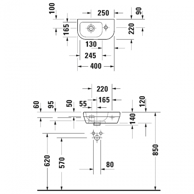 Duravit D-Code Wall Hung Left Hand Basin without Overflow 400mm Wide - 1 Tap Hole