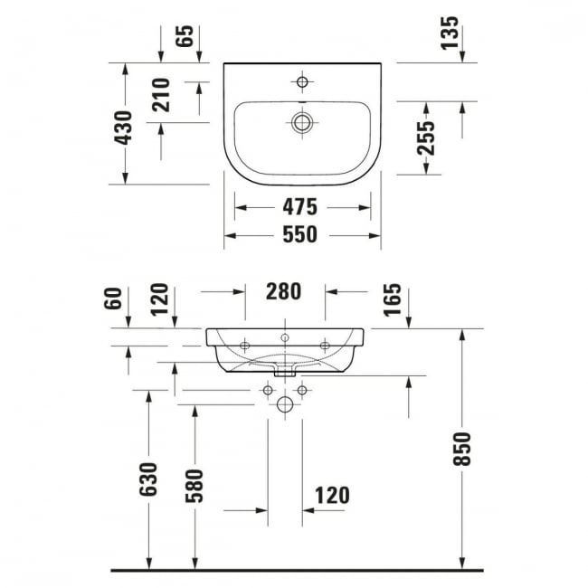 Duravit D-Code Wall Hung Basin with Overflow 550mm Wide - 1 Tap Hole