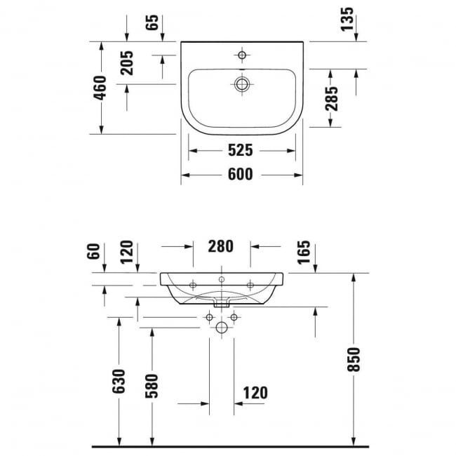 Duravit D-Code Wall Hung Basin with Overflow 600mm Wide - 1 Tap Hole