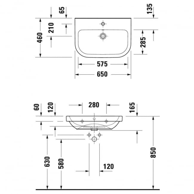 Duravit D-Code Wall Hung Basin with Overflow 650mm Wide - 1 Tap Hole