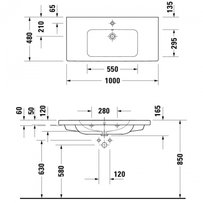 Duravit D-Code Wall Hung Basin with Overflow 1000mm Wide - 1 Tap Hole