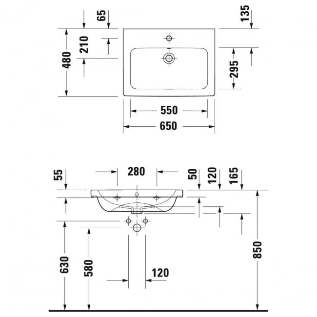 Duravit D-Code Wall Hung Rectangular Basin with Overflow 650mm Wide - 1 Tap Hole