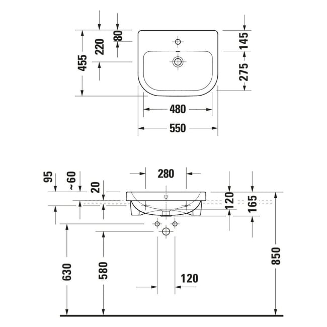 Duravit D-Code Rectangular Wall Hung Basin with Overflow 550mm Wide - 1 Tap Hole