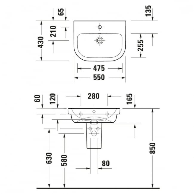 Duravit D-Code Basin and Semi Pedestal 550mm Wide - 1 Tap Hole