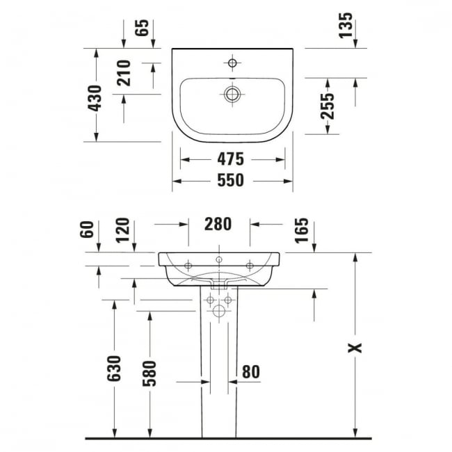 Duravit D-Code Basin and Full Pedestal 550mm Wide - 1 Tap Hole