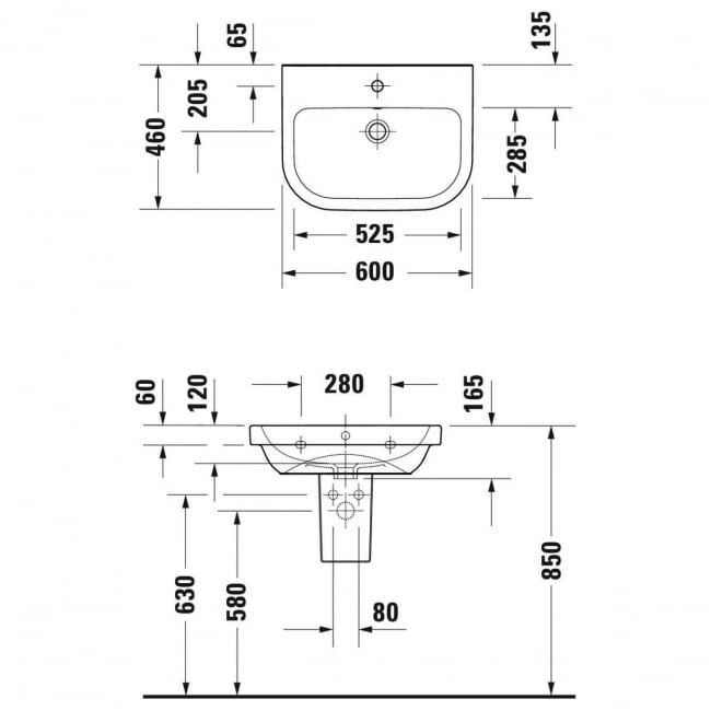 Duravit D-Code Basin and Semi Pedestal 600mm Wide - 1 Tap Hole