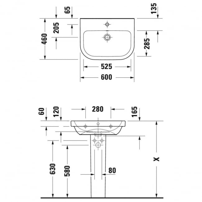 Duravit D-Code Basin and Full Pedestal 600mm Wide - 1 Tap Hole