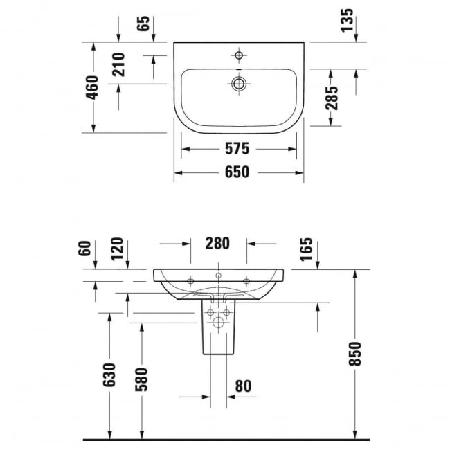 Duravit D-Code Basin and Semi Pedestal 650mm Wide - 1 Tap Hole